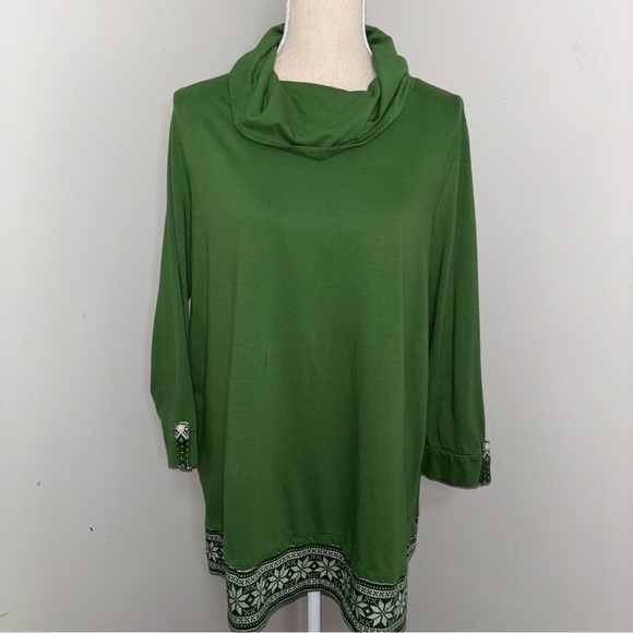 Kim Rogers green fair isle trim 3/4 sleeve cowl neck knit tunic top size large - Picture 1 of 9